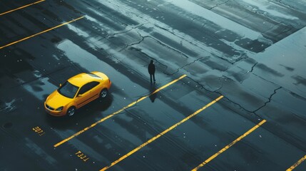 Urban scene with a yellow car and a pedestrian on a textured road.