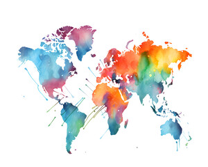 Light grunge watercolor world map isolated on white and transparent background