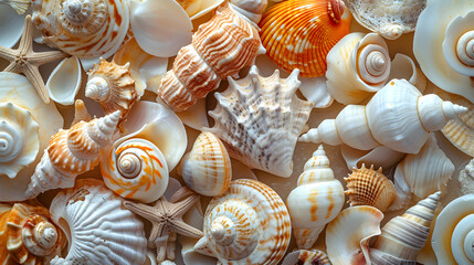Abstract patterns by arranging seashells in creative compositions, capturing the textures and...