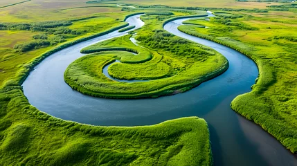 Papier Peint photo Pont Vasco da Gama Abstract patterns formed by winding river oxbows, showcasing the sinuous beauty of water meanders