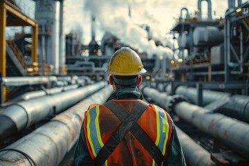 Engineer overseeing pipeline and pipe rack in bustling industrial plant.