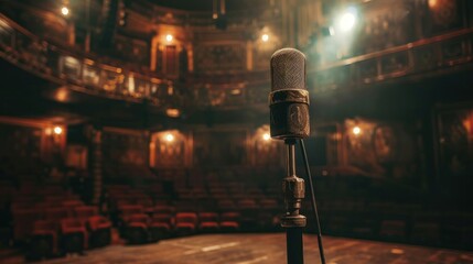 Vintage wooden microphone in historic auditorium - Nostalgic photography capturing the essence of...