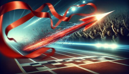 Dynamic scene of a red arrow speeding across a track, breaking through a finish line ribbon, representing achievement and not giving up