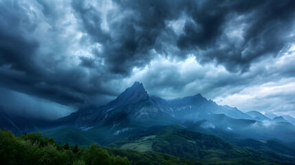 The drama of storm clouds gathering over mountain peaks, emphasizing the power and intensity of nature - obrazy, fototapety, plakaty