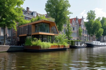 Fototapeta na wymiar suburban houses on the bank of canal