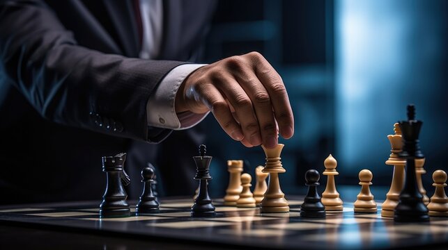 Businessman moving chess piece on chess board game