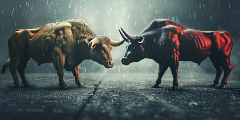 Foto op Plexiglas Illustration of bull and bear fighting - stock or crypto market concept. © Fatima