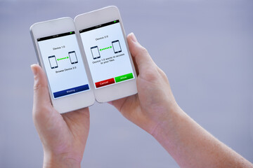 Share, hands and phone with screen for files, transfer or networking on grey background in studio. Download, user info or mobile smartphone display for social media, app sync or access on two devices