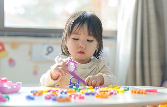A little girl is sitting at the table playing with colorful plastic numbers, holding scissors in her hand and happily placing them on top of each letter to cut out shapes from paper