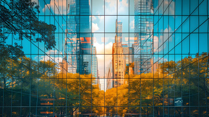 Reflections of urban landscapes in glass buildings, blending the natural and man-made elements in a...