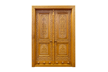Beautiful large wooden door on white background wall. Hand carved, vertical pattern
