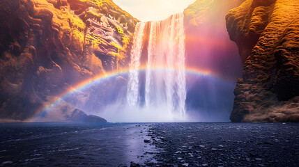 Rainbows forming in the mist of waterfalls, emphasizing the vibrant colors against the cascading water