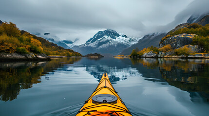 Incorporate the element of kayaking into your nature photography, capturing reflections on the water as you paddle through serene environments - obrazy, fototapety, plakaty