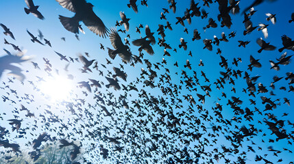 Large flocks of birds in flight, capturing abstract patterns and shapes they create against the sky