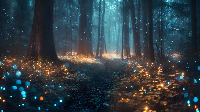 Imagine a forest infused with bioluminescence, and create a dreamlike scene by combining long-exposure techniques with fantasy elements