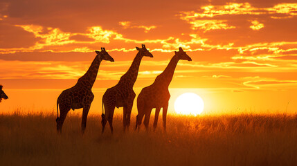 Giraffes silhouetted against the dawn sky, emphasizing the unique profiles of these graceful...