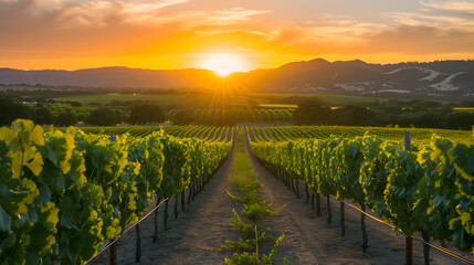 Vineyards during sunset and capture the warm colors illuminating rows of grapevines. This can...