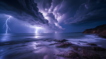 Dramatic lightning strikes over seascapes, highlighting the raw power of nature