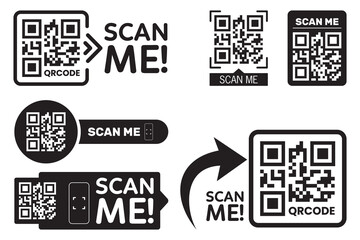 QR code scan for smartphone. Qr code frame vector set. Template scan me Qr code for smartphone. QR code for mobile app, payment and phone. Scan me phone tag. Eps10 vector illustration.