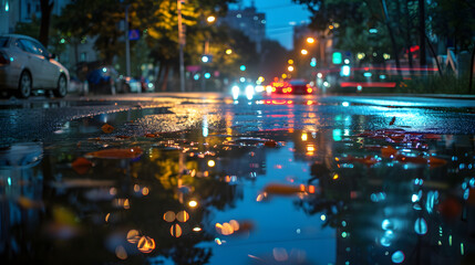 Urban areas at night and capture reflections of city lights on wet streets, puddles, or bodies of...
