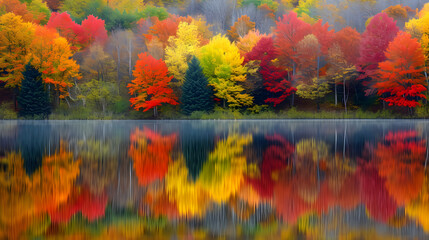 Fototapeta premium The reflection of autumn foliage in calm bodies of water. This can create a double impact of the colorful foliage