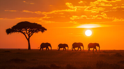 The sunrise over savannahs, capturing the silhouettes of iconic African wildlife against the warm hues of the morning sky