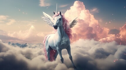 Obraz na płótnie Canvas Adorable Unicorn on Flying Cloud