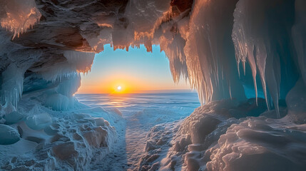 The interior of ice caves during the golden hour, capturing the ice formations illuminated by the warm hues of the setting sun - obrazy, fototapety, plakaty