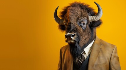Stoic Bison in Western Attire With a Defiant Stare. A robust bison clad in a western-style suit stares confidently ahead, its presence embodying the spirit of resilience and untamed nature. - obrazy, fototapety, plakaty