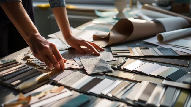 A professional's hands meticulously sort through an array of material swatches on a well-lit desk, choosing textures and colors for a design project, highlighting the creative decision-making process.