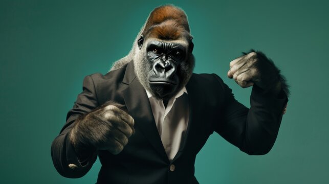 A powerful gorilla in a tailored black suit clenches its fists, presenting a forceful image of leadership and determination with a subtle hint of humor.