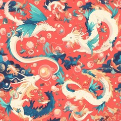 Fototapeta premium Mythical dragons whimsically blowing soap bubbles instead of fire, entwined in a lively dance on a coral backdrop, crafted into a seamless pattern for a fantastical wallpaper or fabric.