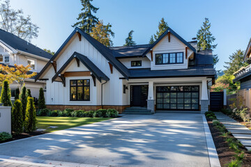 An extremely beautiful and perfectly symmetrical front view of an all white craftsman style home with a long driveway