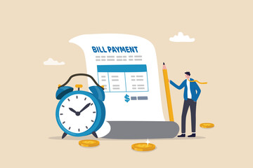 Bill payment, expense or financial service to pay for transaction, credit card payment or shopping cost concept, businessman with pencil and bill payment document and alarm clock. - 764475244