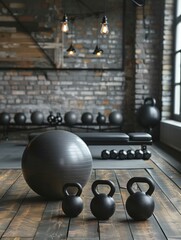A composition of fitness equipment, including a gym ball and kettlebells, on wooden flooring, set...