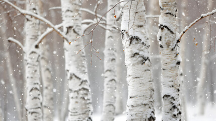 The elegant white bark of birch trees against a snowy backdrop. The contrast between the dark...