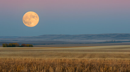 The harvest moon rising over agricultural fields. The soft light of the moon can add a touch of...