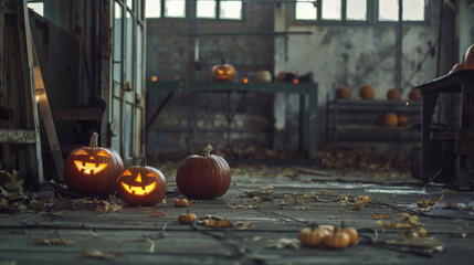 Fototapeta premium Carved pumpkins with glowing eyes on a wooden floor in an abandoned room, surrounded by autumn leaves and uncarved pumpkins, capturing the eerie yet festive spirit of Halloween.