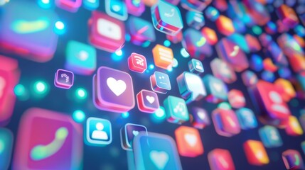 A vibrant, abstract representation of AI-driven social media, with floating, glowing app icons symbolizing personalized content management and the dynamic flow of digital interactions.