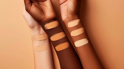 Close-up of diverse hands showcasing a range of foundation shades, symbolizing inclusivity in cosmetics against an orange backdrop.