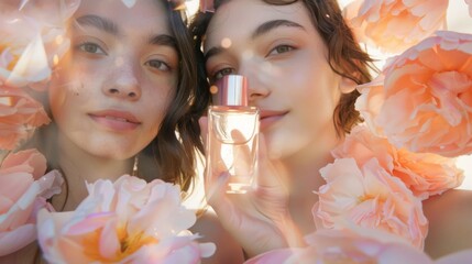 Close-up of Gen Z women holding up their favorite fragrances, surrounded by soft floral blooms, showcasing the intimate and delicate allure of perfume.