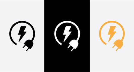 Vector illustration of lightning bolt icon with plug isolated on white background. Saving electricity icon.