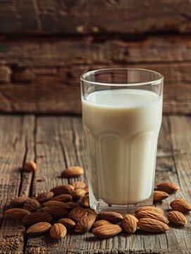 A glass filled with creamy almond milk, showcased against a backdrop of raw almonds scattered on a rustic wooden surface, epitomizes dairy free goodness.