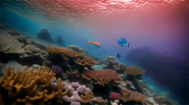 Vibrant coral reefs teeming with colorful fish in a tropical underwater world