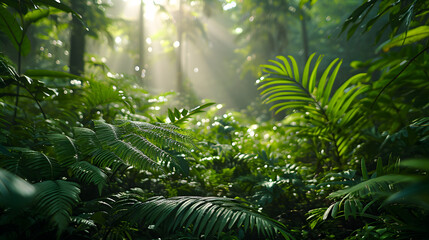 Obraz na płótnie Canvas Rainforest environments and capture the lush greenery from beneath the canopy. Highlight the layers of foliage and the play of light