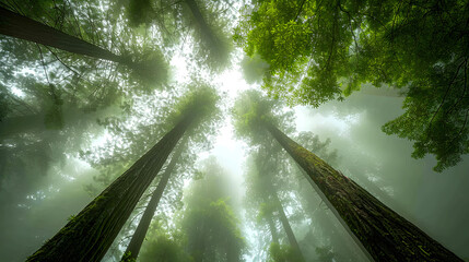 Redwood forests during foggy conditions. The mist surrounding these towering trees can create a mysterious and ethereal atmosphere - obrazy, fototapety, plakaty