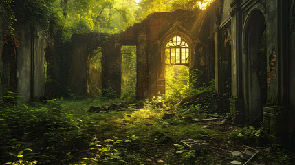 Old ruins surrounded by nature. This could be abandoned buildings or ancient structures being...