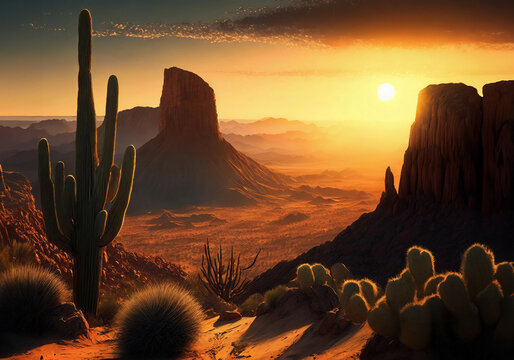 sunset over desert landscape with canyon and cactus trees relistic illustration