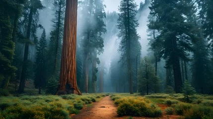 Foto op Canvas Groves of giant sequoias during foggy conditions. The towering trees shrouded in mist create a sense of ancient beauty © Samira