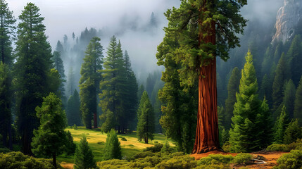 Groves of giant sequoias during foggy conditions. The towering trees shrouded in mist create a sense of ancient beauty